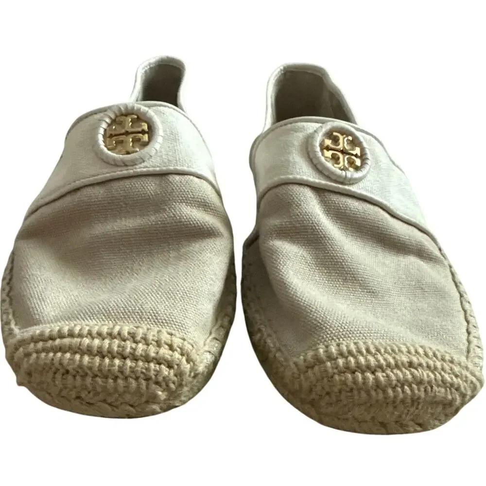 Tory Burch Lacey Canvas Khaki / Ivory Flat Espadrille Size 9